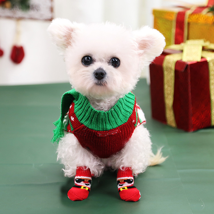 Santa Socks Pet Dogs Cats Small and Medium-sized Dogs Fall and Winter Warmth Elastic Shoes Accessories Supplies