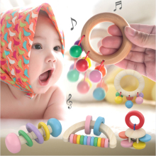 Colorful Wooden Rattle Set - Montessori Toddler Musical Instruments & Teether Bracelet