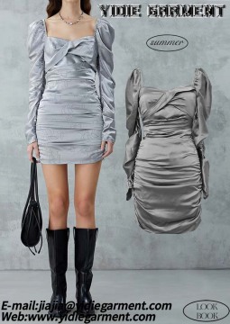 Long Sleeve Puched Bodycon Silver Mini Dress