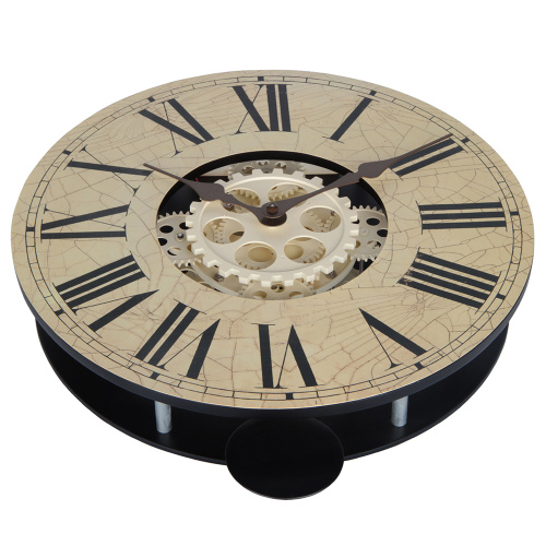 Round Retro Wooden Pendulum Gear Wall Clock