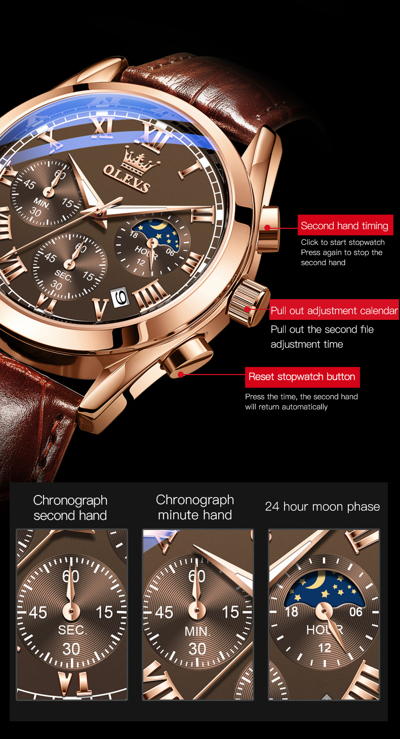 OLEVS 2871 Multifunctional Sports Watches Leather Luxury Fashion Genuine Leather Man Wristwatch Waterproof Luminous Men's Watch