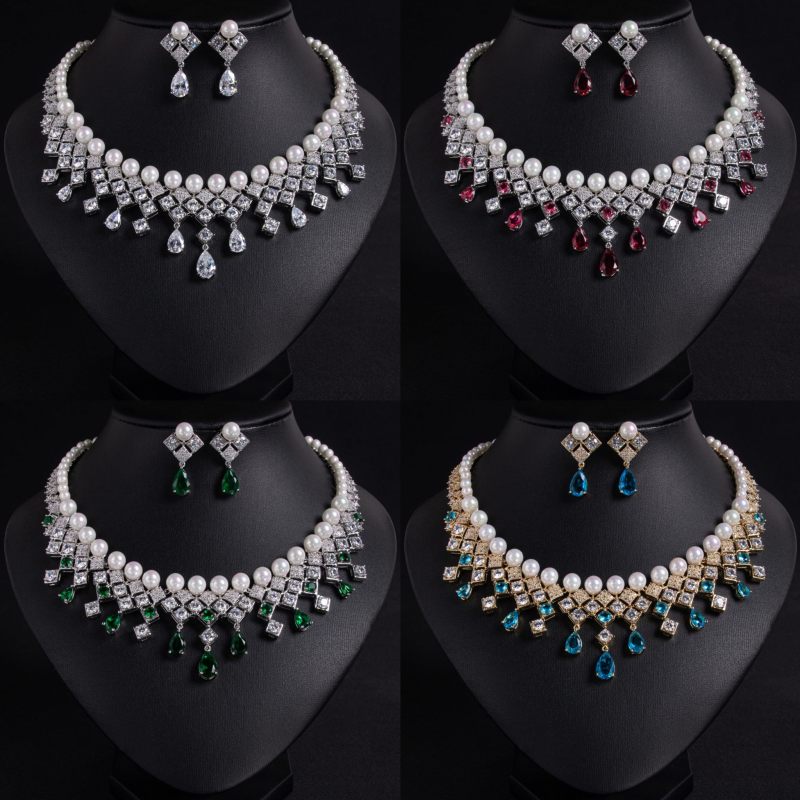 Pearl Teardrop Fringe Bridal CZ Jewelry Set