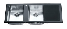 Tempered glass double bowl sink with drain board GTB12050R