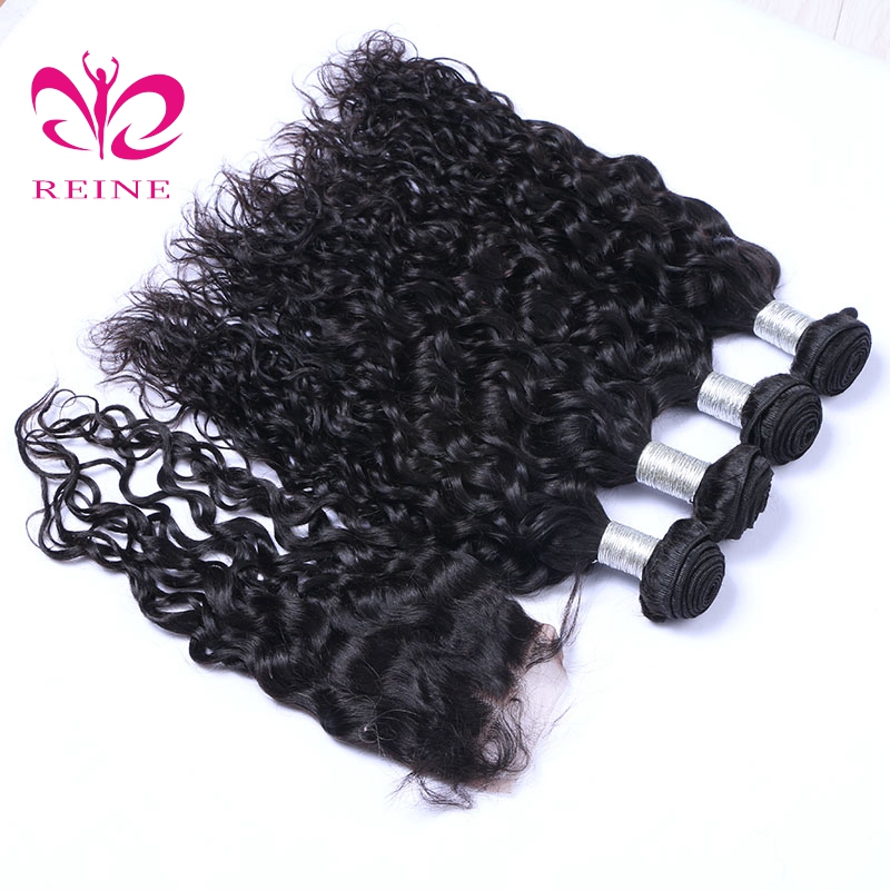 REINE wholesale brazilian virgin hair water wave 4 bundle with closure, 5pc brazilian hair weave closure on sale