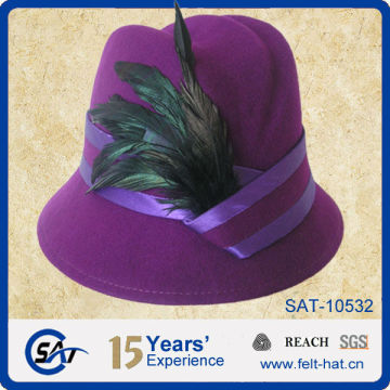 purple bucket hat, pure wool felt hat with feathers