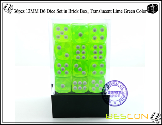 36pcs 12MM D6 Würfel gesetzt im Ziegelstein-Kasten, luftdurchlässiger Kalk-Grün Color-2 36pcs 12MM D6 Dice Set in Brick Box, Translucent Lime Green Color-2