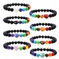 Gemstone 7 Chakra Healing Reiki Stretch Bracelet Black Lava Stone With Crystal Heart Charm Elastic Bracelets for Men Women