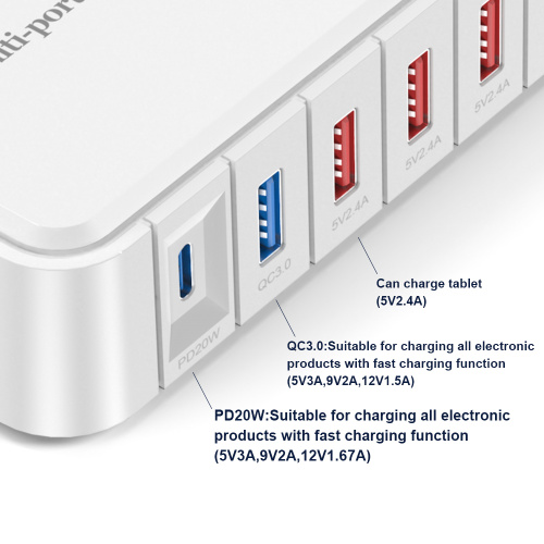 Masaüstü 6 Bağlantı Noktalı PD USB Şarj İstasyonu