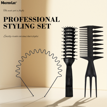 3PCS Black Hair Styling Set - Barber Hair Brush, Multifunction Styling Comb, Hair Clasp for All Hair Types