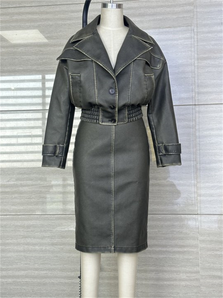 Chaqueta de motor PU lavada y vestido para mujeres