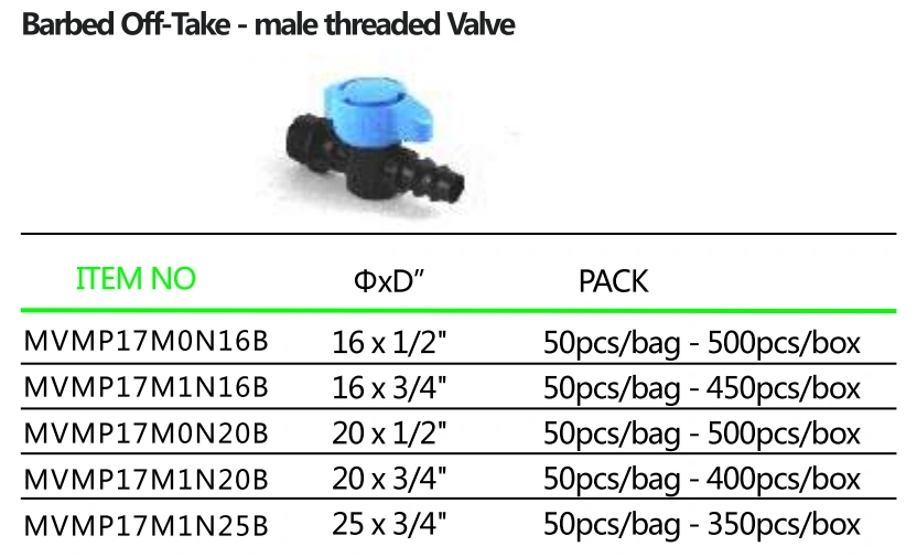 Agriculture /Garden Irrigation Barbed off- Take-Male Threaded Valve for Drip Tape Irrigation