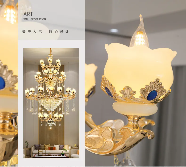 European Luxury Natural Jade, Crystal Chandelier, Villa Living Room Headlights