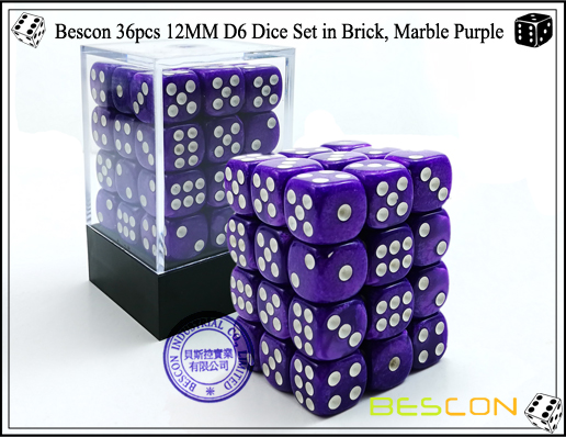 Bescon 36pcs 12MM dados D6 en ladrillo, mármol púrpura-1 Bescon 36pcs 12MM D6 Dice Set in Brick, Marble Purple-1