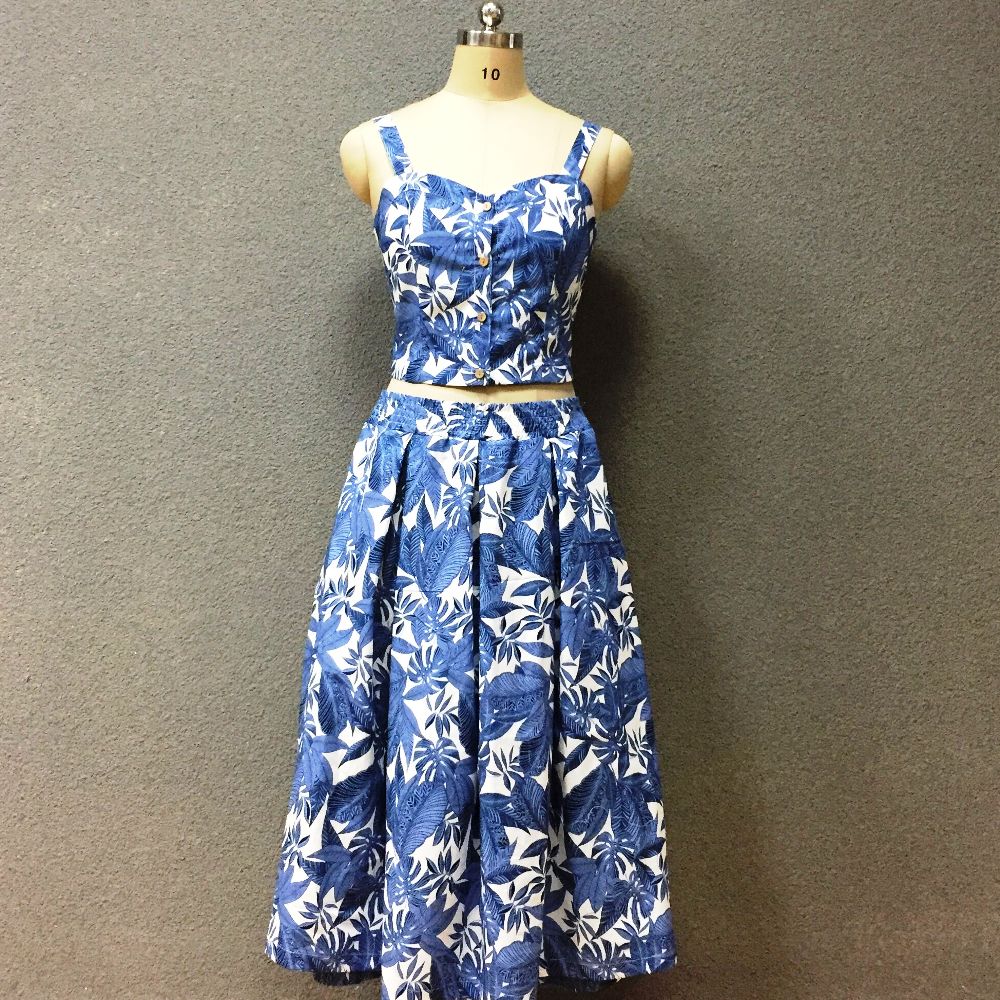 Women's cotton blue leaf top + dress