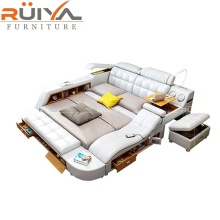 Luxury Italian Queen White PU Leather Bed with Multifunction Storage