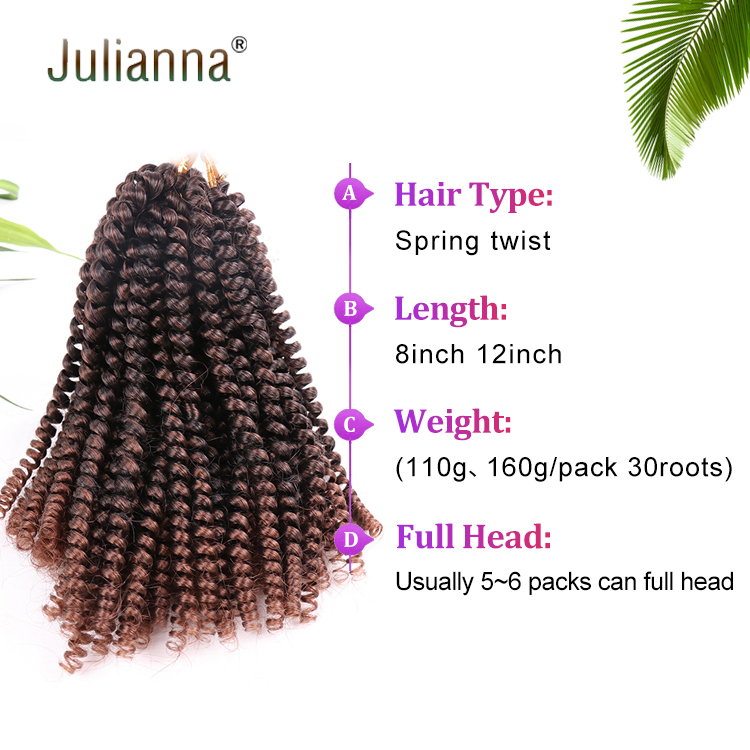 Hot Selling Free sample color 1 synthetic 8" pre twisted spring hair 10inch 27/613 t30 crochet spring twist hair