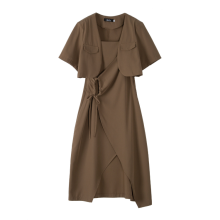 Brown Slim Fit Short Sleeve Dress Suit with Split Skirt for Women