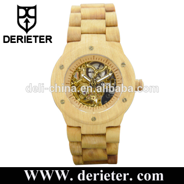 China Factory Custom Logo Skeleton Automatic Wood Watch Mechanical