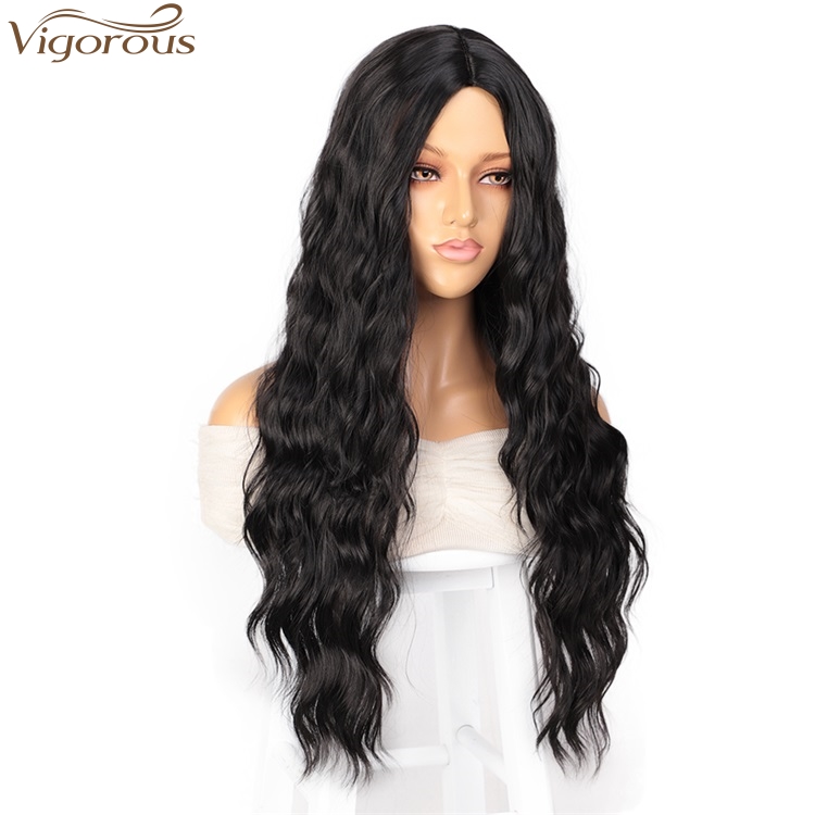 Vigorous Cheap Top Quality Long Black Wavy Wig  Middle Part Synthetic Wig For Black White Women Heat Resistant Wholesale Price