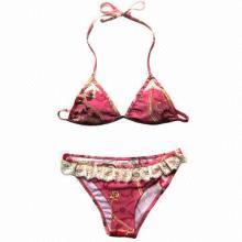 AOP Pink Triangle Bikinis with Lasy, Made of 80% Polyamide and 20% Elastane Fabric, 200gsm