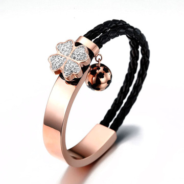 Leather swarovski crystal four leaf clover bracelet