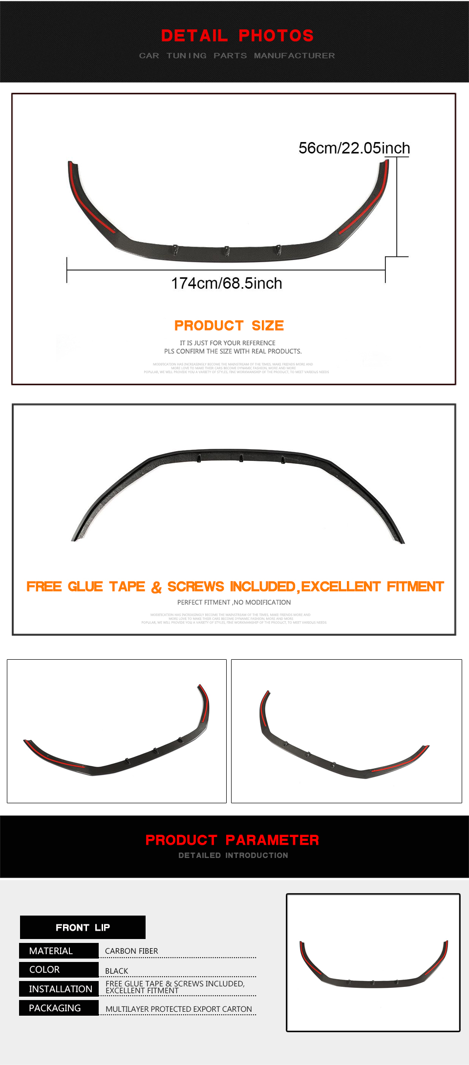 Carbon Fiber RS3 Front Bumper Lip for Audi RS3 8V Sedan 2017 2018 2019