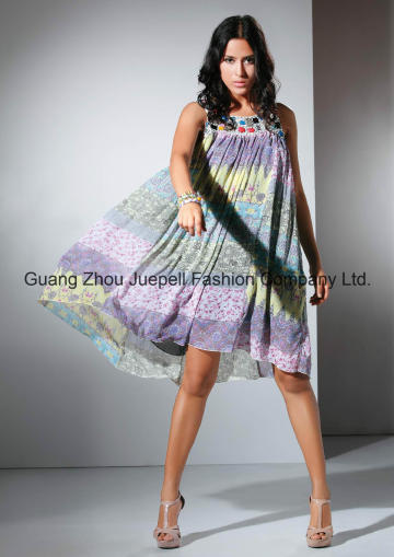 Chifon Stone Accessory Tribal Print Babydoll Dress