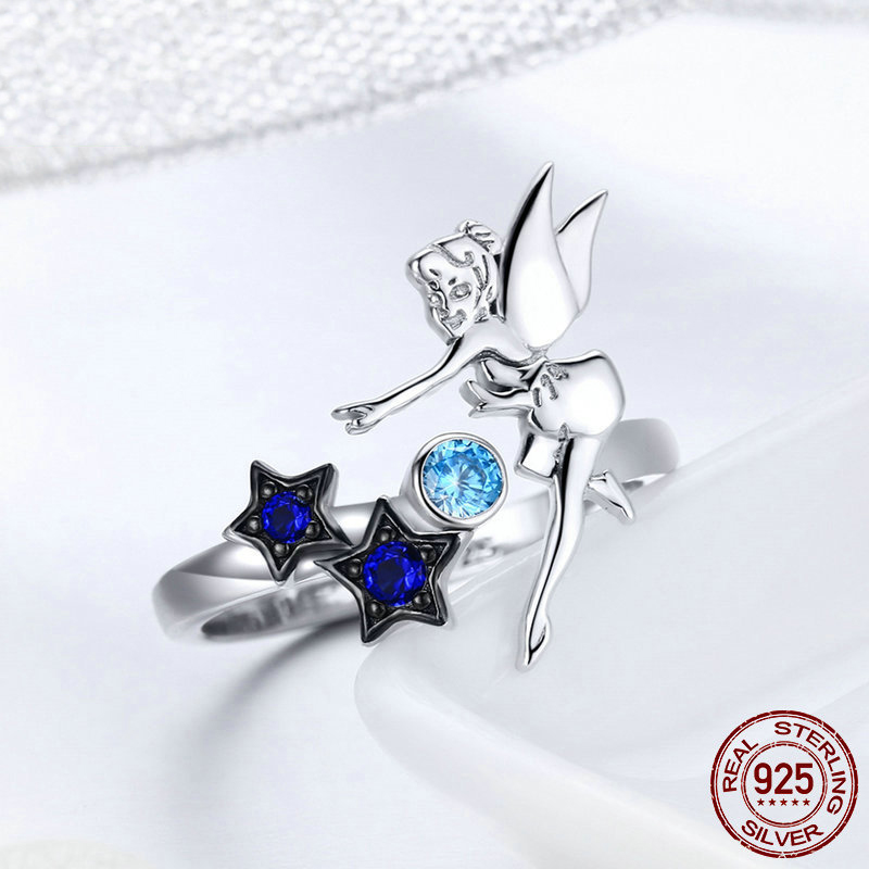 women gemstone ring adjustable 925 sterling silver Fairies star angel wings rings metal ring