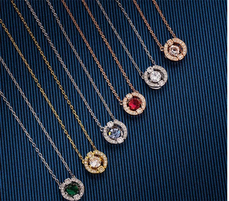 European American Jewelry Diamond Green Red Blue White Crystal Smart Pendant Clavicle Chain Gift Thin Chain Necklace for Women