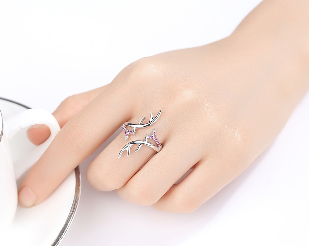 Hot selling minimalist jewelry antlers opening ring claw setting zircon couple ring can be adjusted