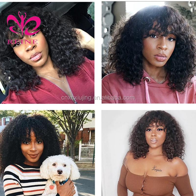 Curly Human Hair Wigs For Black Women Brazilian Remy Hair Fringe  Wig With Bangs Pre Plucked 8"-24"Inches Natural Black