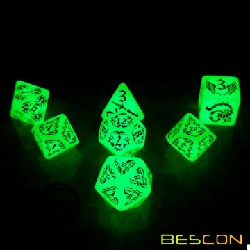 Набор светящихся костей BESCON DARK ELVES (7 предметов), большой размер GLOW IN DARK Резные ролевые игры Набор костей RPG