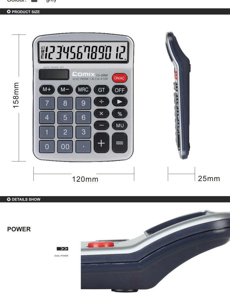 Comix Office Dual Power 12 Digits Desktop Electronic Calculator with Abdiction Function