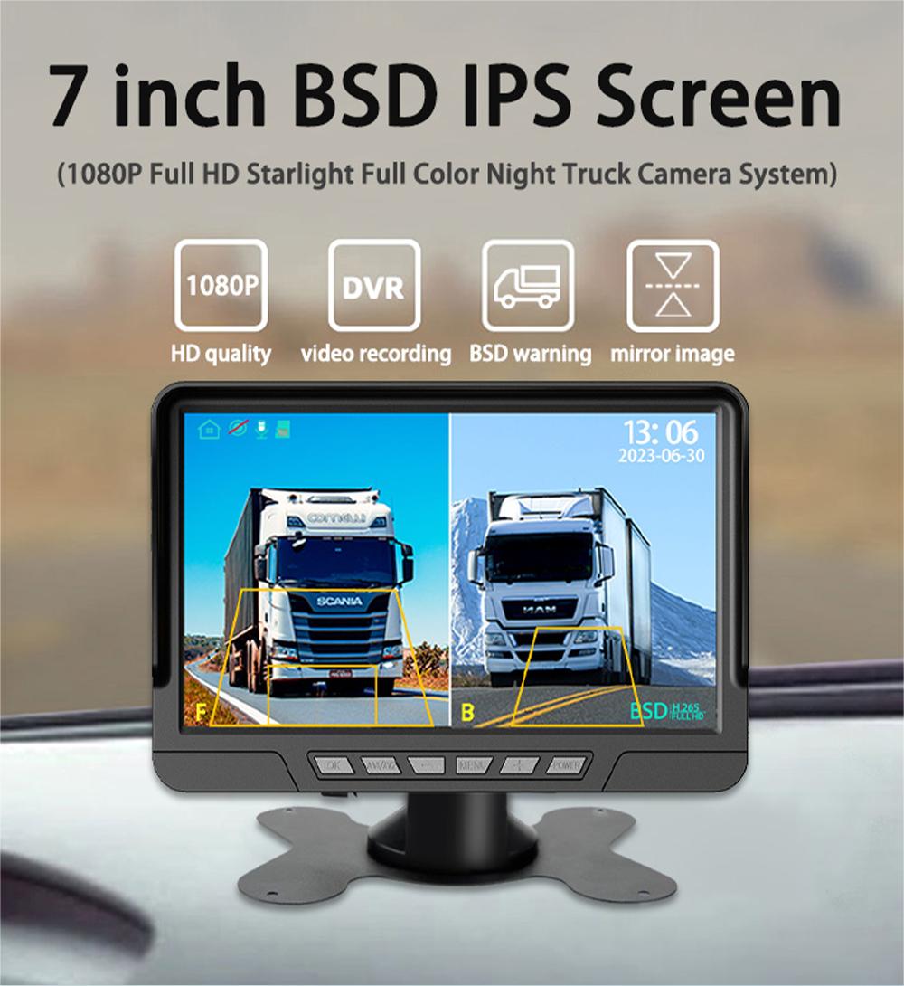 Sistema di monitoraggio del veicolo da 7 pollici a 2 canali con touch 2.5D/BSD/Starlight Night Vision/Record audio/Loop Record