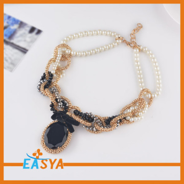 Gold Beaded Gemstone Pendant Bow Charming Necklace