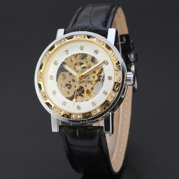 super crystal alloy case mechanical watch with leather band