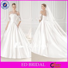 MG264 2015 Iridescent Satin Illusion Neckline Appliqued Beaded Covered Back Floor Length Sexy Corset Wedding Dresses