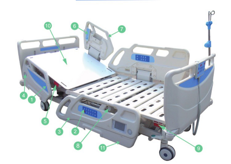 BT-AE011 5 function electric adjustable hospital bed medical intensive care ICU patient bed with ABS PP plastic rails price