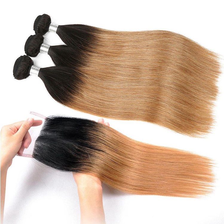 1B27 ombre Blonde Hair Bundles With Closure 3 Bundles With 4x4 Lace Closure Brazilian Straight Hair Remy Human Hair Extensions