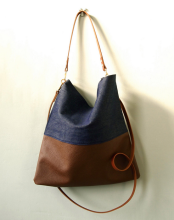 Custom large denim tote bag with leather straps