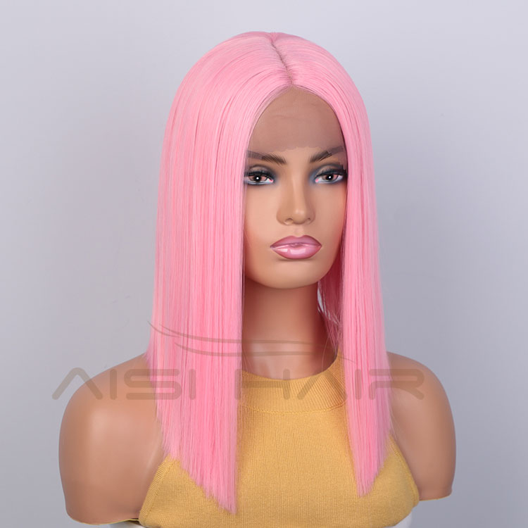 Aisi Hair Medium Long 16 Inch Cosplay Pink Wig Front Lace Wig Silky Straight Synthetic Lace Frontal Hair Wigs For Black Women