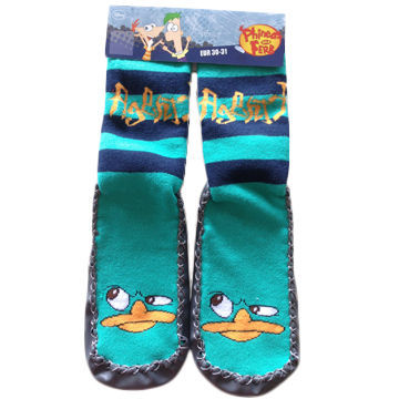 Children's cotton bootee socks with PU sole and cartoon character designs