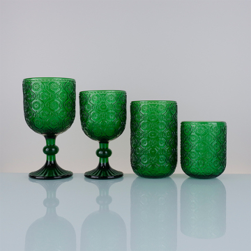 Retro Embossed Water Glasses Green Glass Goblets