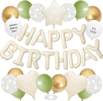 Green, gold and white birthday celebration banner balloons