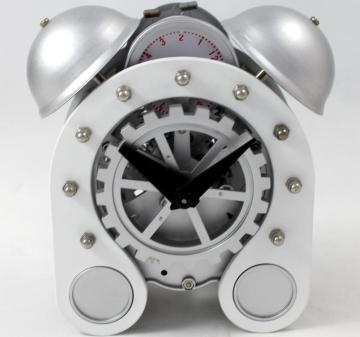 Silver Gear Alarm Clock on Desk
