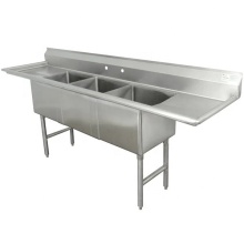 Three Compartment Stainless Steel Commercial Sink with Side Drain Boards