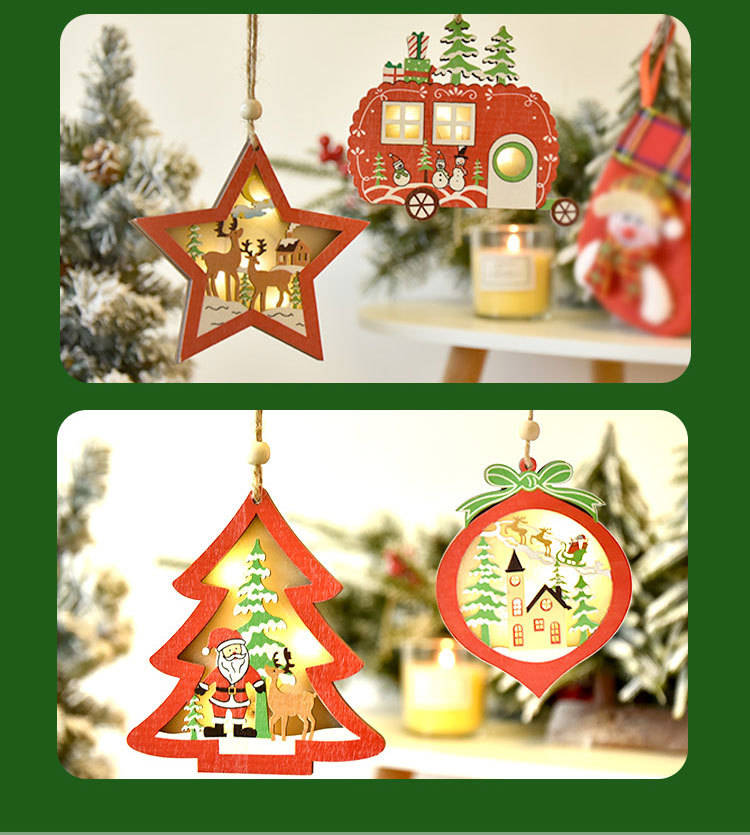 Popular New Christmas Decorations Wooden Luminous Pendant Creative with Light Small Tree Five-Pointed Star Ornaments