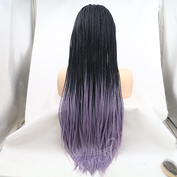 Long straight ombre black purple cheap wholesale high quality heat resistant synthetic braided wig lace front