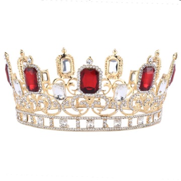 Gran tiara de novia de diamantes de imitación de color rojo corona de la reina