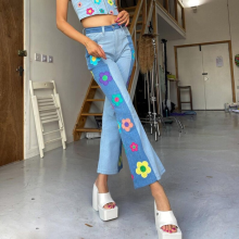 Y2K Patch Embroidery Flore Jeans Sweet Patchwork Ladies Denim Flare Trousers Casual High Waisted Wide Leg Pants Women Flower
